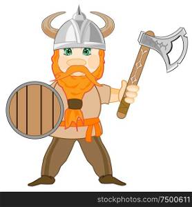 Warrior viking with axe and shield on white background is insulated. Vector illustration of the cartoon of the medieval warrior of the viking