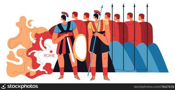 Warriors and soldiers of roman legion, men with weapons. Large army formation of Roman empire wearing armor and holding spears and shields. Gladiators protecting or invading. Vector in flat style. Roman legion, warriors with spears and shields