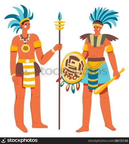 Warriors of ancient civilization, isolated mayan people. Inca or aztec male characters with spear weapon for attack and protection. Ancient men with ornaments and traditional clothes. Vector in flat. Mayan people, warriors with spear weapons vector