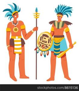 Warriors of ancient civilization, isolated mayan people. Inca or aztec male characters with spear weapon for attack and protection. Ancient men with ornaments and traditional clothes. Vector in flat. Mayan people, warriors with spear weapons vector