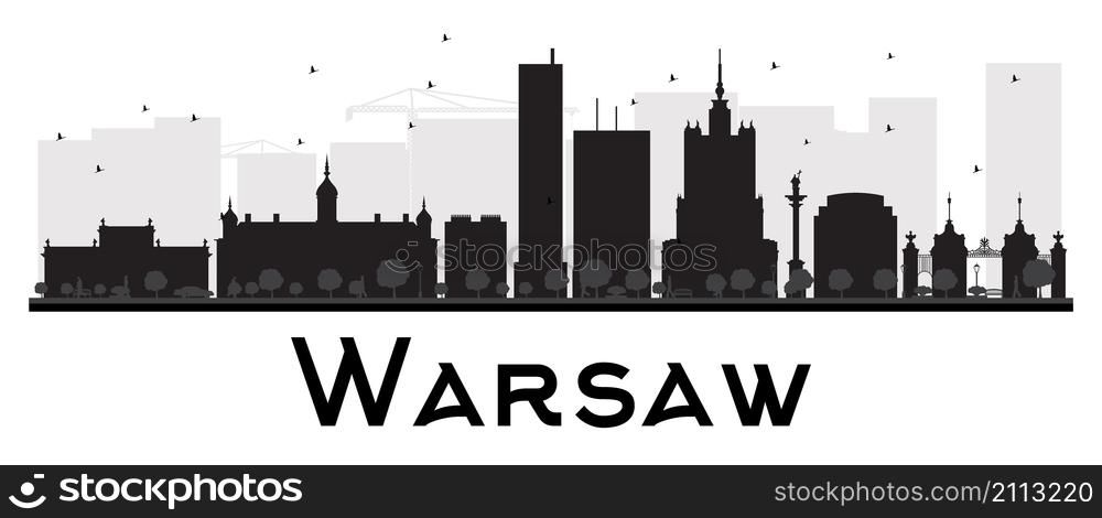 Warsaw City skyline black and white silhouette. Vector illustration. Simple flat concept for tourism presentation, banner, placard or web site. Business travel concept. Cityscape with landmarks