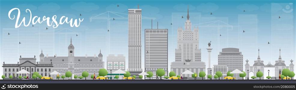 Warsaw skyline with grey buildings and blue sky. Vector illustration. Business travel and tourism concept with modern buildings. Image for presentation, banner, placard and web site.