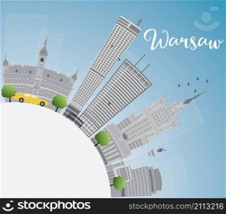 Warsaw skyline with grey buildings, blue sky and copy space. Vector illustration. Business travel and tourism concept with modern buildings. Image for presentation, banner, placard and web site.