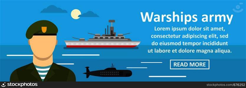 Warships army banner horizontal concept. Flat illustration of warships army banner horizontal vector concept for web. Warships army banner horizontal concept