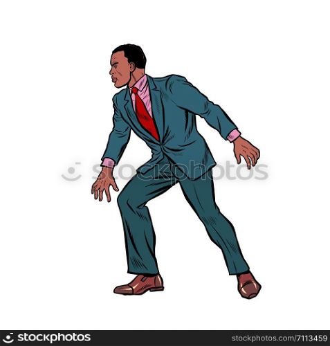 Wary African male businessman. Pop art retro vector illustration drawing. Wary African male businessman