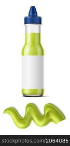 Wasabi bottle mockup with sauce spill. Container realistic template isolated on white background. Wasabi bottle mockup with sauce spill. Container realistic template