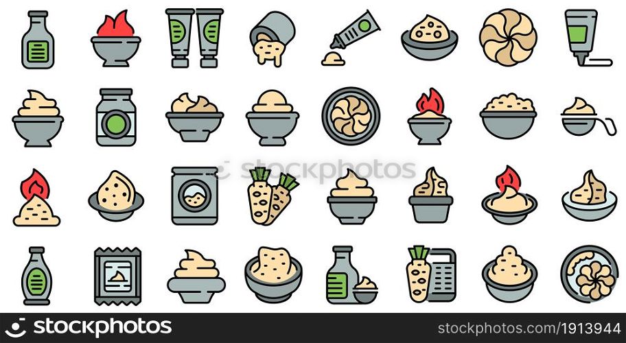 Wasabi icons set. Outline set of wasabi vector icons thin line color flat isolated on white. Wasabi icons set line color vector