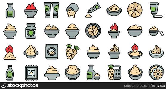 Wasabi icons set. Outline set of wasabi vector icons thin line color flat isolated on white. Wasabi icons set line color vector