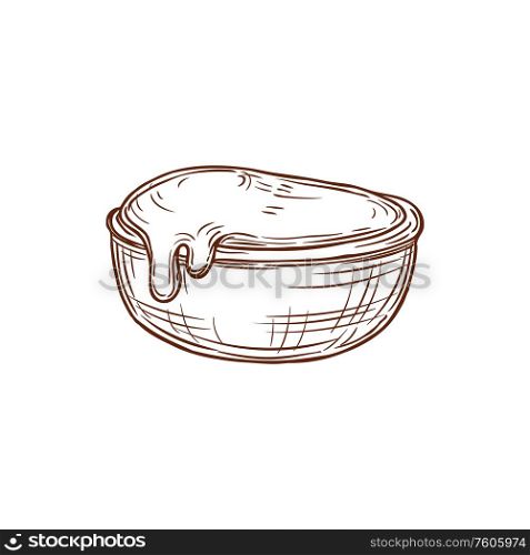 Wasabi, ketchup or mayonnaise in bowl isolated hand drawn sketch. Vector sauce in plate. Sauce, mayonnaise, ketchup wasabi in bowl isolated