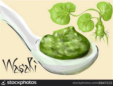 wasabi. plant and spoon with green condiment. wasabi