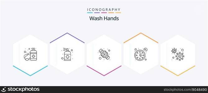 Wash Hands 25 Line icon pack including virus. time. soap. seconds. washing