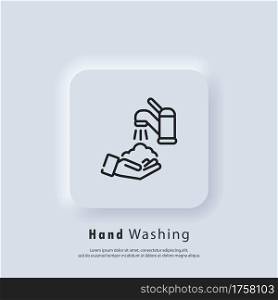 Wash hands icon. Wash hands with soap icon. Health care concept. Healthcare wash hands with rinse water, tap, soap safety. Vector. UI icon. Neumorphic UI UX white user interface web button.