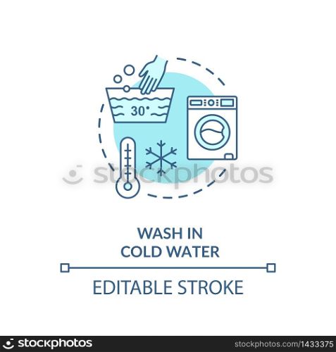 Wash in cold water turquoise concept icon. Low temperature for laundry. Washing machine. Resource saving idea thin line illustration. Vector isolated outline RGB color drawing. Editable stroke. Wash in cold water turquoise concept icon
