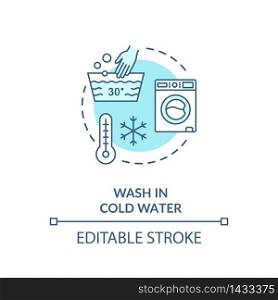 Wash in cold water turquoise concept icon. Low temperature for laundry. Washing machine. Resource saving idea thin line illustration. Vector isolated outline RGB color drawing. Editable stroke. Wash in cold water turquoise concept icon