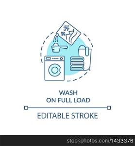 Wash laundry on full load turquoise concept icon. Washing machine usage. Electricity reduce. Resource saving idea thin line illustration. Vector isolated outline RGB color drawing. Editable stroke. Wash laundry on full load turquoise concept icon