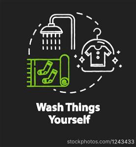 Wash things yourself chalk RGB color concept icon. Self laundry, cleaning own clothing idea. Money saving tips for tourists. Vector isolated chalkboard illustration on black background