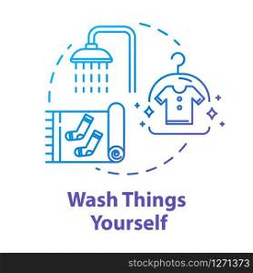 Wash things yourself concept icon. Self laundry, cleaning own clothing idea thin line illustration. Budget tourism. Money saving tips for tourists. Vector isolated outline RGB color drawing
