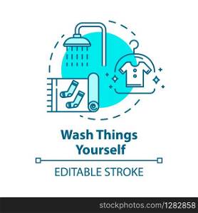 Wash things yourself concept icon. Self laundry, cleaning own clothing idea thin line illustration. Money saving tips for tourists. Vector isolated outline RGB color drawing. Editable stroke