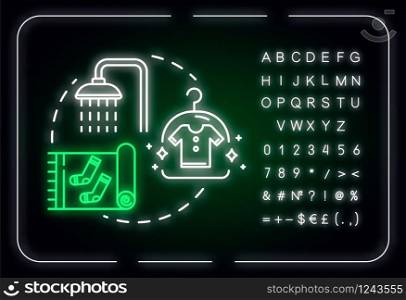 Wash things yourself neon light concept icon. Self laundry, cleaning own clothing idea. Outer glowing sign with alphabet, numbers and symbols. Vector isolated RGB color illustration