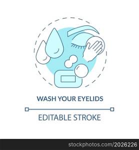 Wash your eyelids blue concept icon. Comply with recommendations by doctors. Cleansing around eyes abstract idea thin line illustration. Vector isolated outline color drawing. Editable stroke. Wash your eyelids blue concept icon