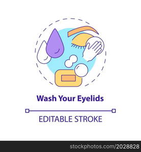 Wash your eyelids concept icon. Implementing recommendations by doctors. Cleansing around eyes abstract idea thin line illustration. Vector isolated outline color drawing. Editable stroke. Wash your eyelids concept icon