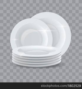 Washed dishes. Realistic clean dinner plates stack for detergent or dishwasher soap ads. Ceramic shiny tableware dish pile 3d vector mockup. Illustration of tableware porcelain, plate empty. Washed dishes. Realistic clean dinner plates stack for detergent or dishwasher soap ads. Ceramic shiny tableware dish pile 3d vector mockup