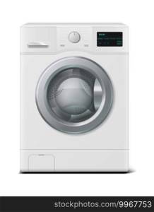 Washer. Realistic domestic electronic device. 3D household appliances for cleaning laundry at home. White automatic machine washes garment with water and detergent. Vector modern housework equipment. Washer. Realistic domestic electronic device. 3D household appliances for cleaning laundry at home. Automatic machine washes garment with water and detergent. Vector housework equipment