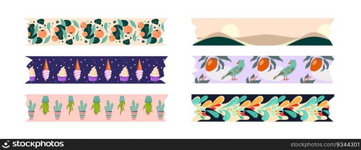 Washi tapes, scrapbook paper strips with cute patterns. Stickers for label and borders craft, japanese adhesive tapes with pastel decoration with birds, fruit and ice cream, vector cartoon set. Washi tapes, scrapbook paper strips with patterns