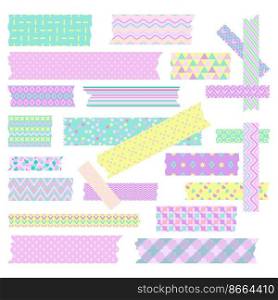 Washi tapes stripes set. Embellished decorative scotch, scrapbooking tape strip. Japanese craft tools, isolated paper or fabric pieces nowaday vector ribbons design. Illustration of scrapbook sticker. Washi tapes stripes set. Embellished decorative scotch, scrapbooking tape strip. Japanese craft tools, isolated paper or fabric pieces nowaday vector ribbons design