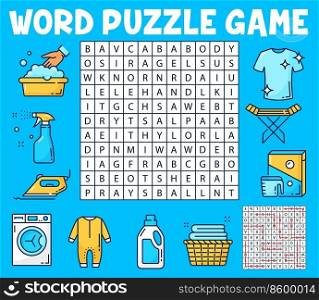 Washing and cleaning word search puzzle game worksheet, vector kids quiz grid. Riddle game to search and find words of laundry washing machine or washer, detergent powder and handwash basket. Washing and cleaning word search puzzle worksheet