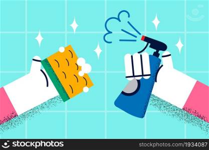 Washing and house cleaning concept. Human hands holding washing spray and brush for making cleaning of bathroom vector illustration . Washing and house cleaning concept