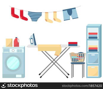 Washing and ironing clothes vector set. Laundry items, clothing and textile care. Collection of washing machine, ironing board and iron, washing powder, wardrobe and things. Flat illustration.. Washing and ironing clothes vector set. Laundry items.