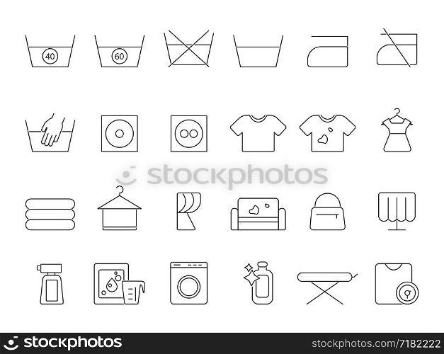 Washing and laundry line symbols. Vector icons set of dry cleaning. Machine cleaning and washing, pictogram icons for clothes illustration. Washing and laundry line symbols. Vector icons set of dry cleaning
