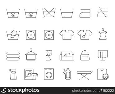 Washing and laundry line symbols. Vector icons set of dry cleaning. Machine cleaning and washing, pictogram icons for clothes illustration. Washing and laundry line symbols. Vector icons set of dry cleaning