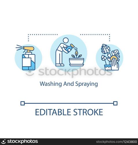 Washing and spraying concept icon. Houseplant care. Wiping plant leaves. Removing dust. Cleaning and misting idea thin line illustration. Vector isolated outline RGB color drawing. Editable stroke