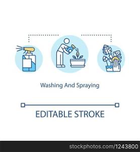 Washing and spraying concept icon. Houseplant care. Wiping plant leaves. Removing dust. Cleaning and misting idea thin line illustration. Vector isolated outline RGB color drawing. Editable stroke