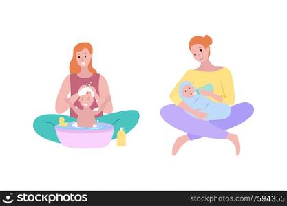 Washing babys hair with shampoo vector, woman and kid childcare and hygiene. Isolated women lady feeding newborn child with bottle milk, eating kiddo. Mother and Baby Woman Washing Hair of Child Soap