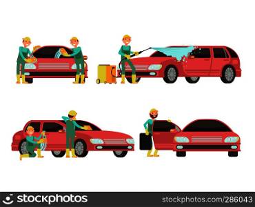 Washing car services vector concepts with cars and cleaners. Cleaner wash car with foam and soap illustration. Washing car services vector concepts with cars and cleaners