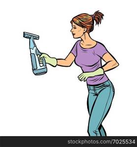 washing cleaning sprayer, woman. Comic cartoon pop art retro vector illustration drawing. washing cleaning sprayer, woman