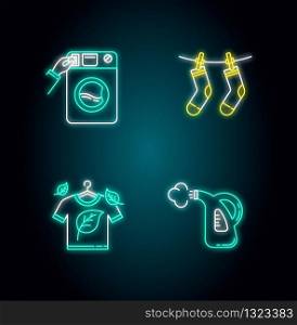 Washing clothes neon light icons set. Washateria, coin laundry, steam cleaning service. Eco dry cleaning and outdoor drying. Signs with outer glowing effect. Vector isolated RGB color illustrations