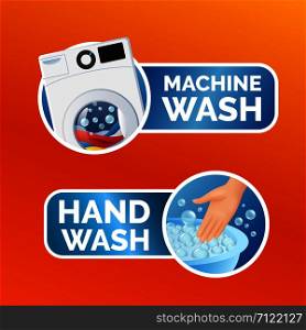 Washing clothes sticker set, instructions, colorful machine wash icon and hand wash symbol for label, vector illustration isolated. Washing clothes sticker set, instructions, colorful machine wash icon and hand wash symbol for label, vector illustration isolated.