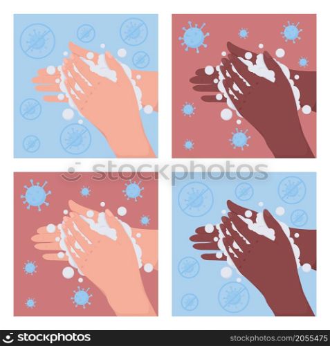 Washing hands for hygiene flat color vector illustration set. Cleansing in water with soap to avoid bacteria. Disinfection to prevent virus 2D cartoon first view hand with abstract background. Washing hands for hygiene flat color vector illustration set