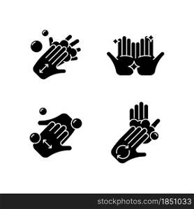 Washing hands instruction black glyph icons set on white space. Rubbing hands together with soap. Cup fingers. Rub palms with fingers. Clean hands. Silhouette symbols. Vector isolated illustration. Washing hands instruction black glyph icons set on white space
