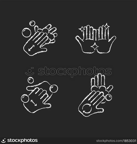 Washing hands instruction chalk white icons set on dark background. Rubbing hands together with soap. Cup fingers. Rub palms with fingers. Isolated vector chalkboard illustrations on black. Washing hands instruction chalk white icons set on dark background