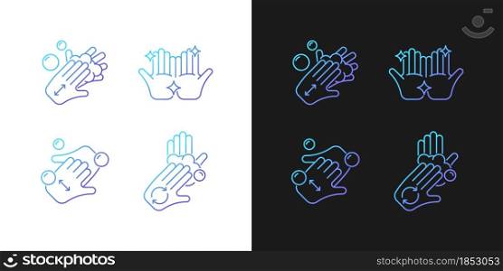 Washing hands instruction gradient icons set for dark and light mode. Rub palms with soap. Thin line contour symbols bundle. Isolated vector outline illustrations collection on black and white. Washing hands instruction gradient icons set for dark and light mode