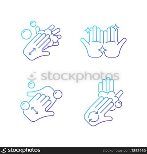 Washing hands instruction gradient linear vector icons set. Rubbing palms together with soap. Cup fingers. Clean hands. Thin line contour symbols bundle. Isolated outline illustrations collection. Washing hands instruction gradient linear vector icons set