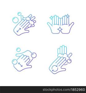 Washing hands instruction gradient linear vector icons set. Rubbing palms together with soap. Cup fingers. Clean hands. Thin line contour symbols bundle. Isolated outline illustrations collection. Washing hands instruction gradient linear vector icons set