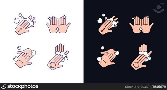 Washing hands instruction light and dark theme RGB color icons set. Rub palms together with soap. Cup fingers. Isolated vector illustrations on white and black space. Simple filled line drawings pack. Washing hands instruction light and dark theme RGB color icons set