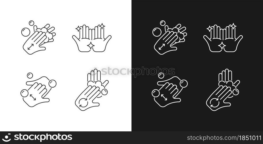 Washing hands instruction linear icons set for dark and light mode. Rub palms together with soap. Cup fingers. Customizable thin line symbols. Isolated vector outline illustrations. Editable stroke. Washing hands instruction linear icons set for dark and light mode