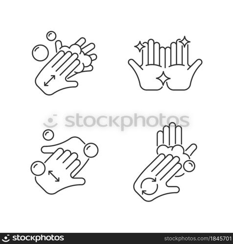 Washing hands instruction linear icons set. Rubbing palms together with soap. Cup fingers. Customizable thin line contour symbols. Isolated vector outline illustrations. Editable stroke. Washing hands instruction linear icons set